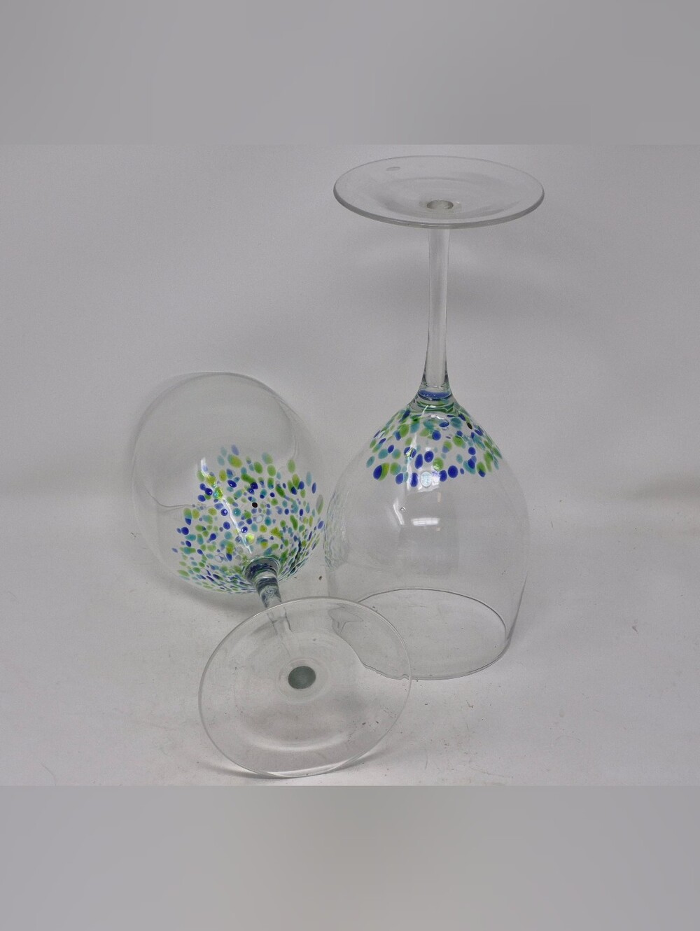 Hand Blown Blue And Green Confetti Pattern Large Wine Glasses